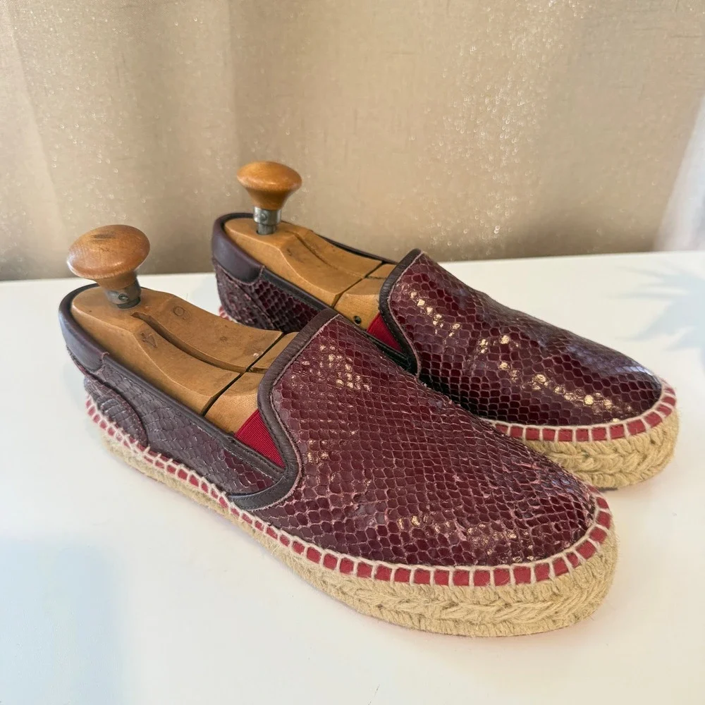 L'Espadrille Tropezienne Burgundy Snakeskin Embossed Leather Espadrille Slip On